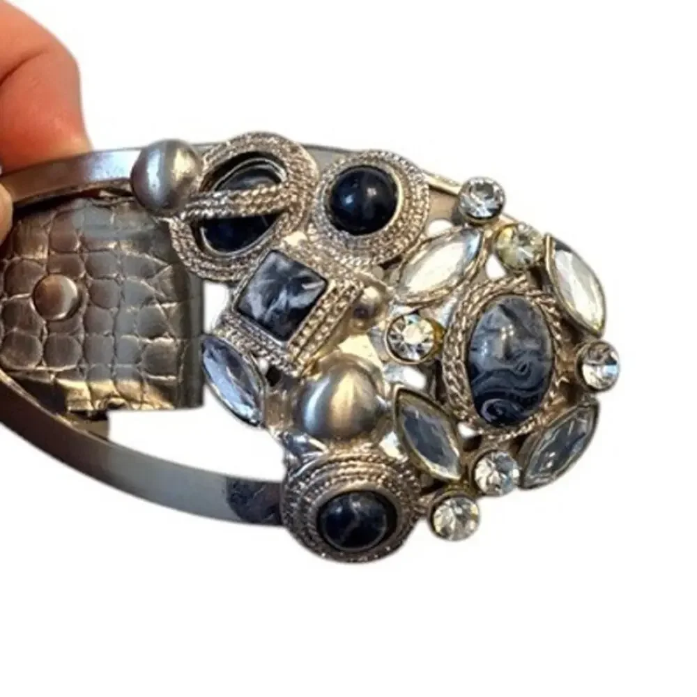 Vintage Sandy Duftler Designs Rhinestone Belt Silver Leather Western Y2K Medium